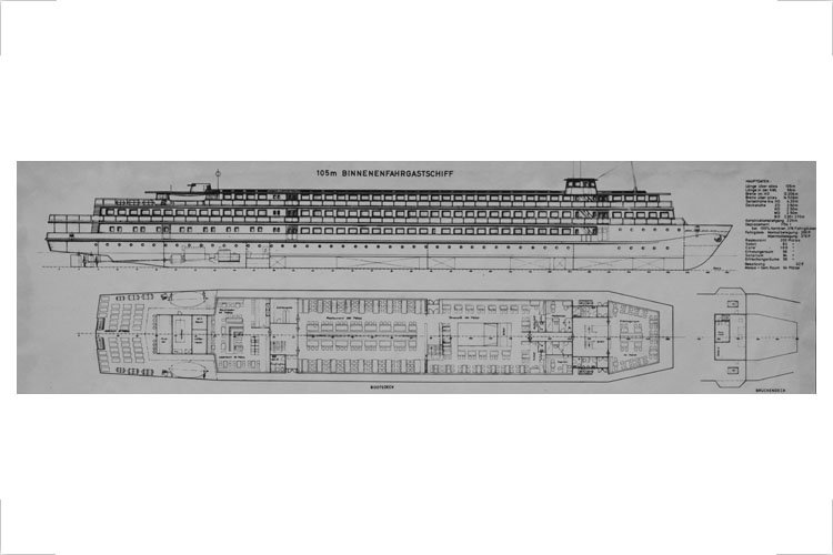 Entwurf für ein 105m Binnenfahrgastschiff, 1964, Diplomarbeit Auftraggeber: Elbewerft Boizenburg, Zeichnung