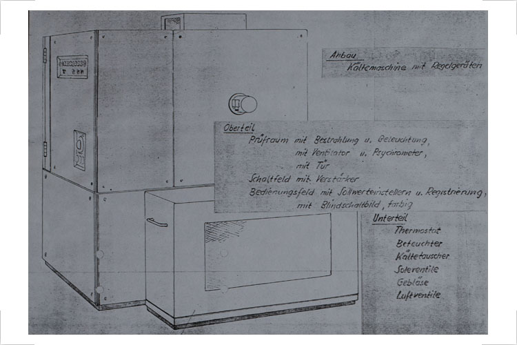 Überarbeitung eines Klimaprüfschrankes (3001), Zeichnung, Studienarbeit 1962 zusammen mit dem Kommilitonen Eberhard Voigt, Bearbeitungszeitraum: II/ 1963, Hersteller KG Feutron Greiz; Goldmedaille Leipziger Frühjahrsmesse 1964