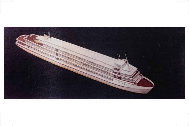 Entwurf für ein 105m Binnenfahrgastschiff, 1964, Diplomarbeit Zeichnung