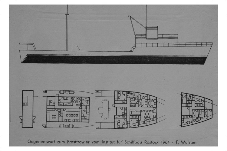 Gegenentwurf eines „Frosttrawlers“ 1964 zum Entwurf der Elbewerft Boizenburg 1963 Entwurf F. Wulsten, Institut für Schiffbau, 1964, Zeichnung