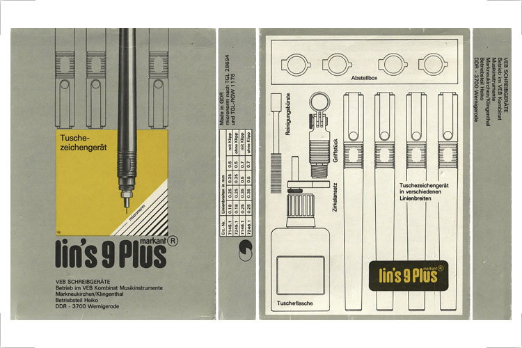 Tuschezeichengerät lin’s 9 Plus, 1982, Originaler Schutzumschlag aus gefaltetem Karton, Grafik: Günter Schorcht