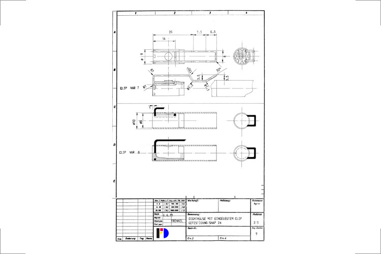 Schreibgerät für markant 1977, Technische Zeichnung Dichthülse mit eingelegtem Clip, Auftraggeber: Schreibgerätewerk markant Singwitz