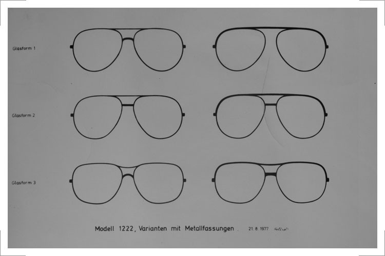 Brillen, Entwürfe für VEB Rathenower Optische Werke, Auswahl ab 1980 realisiert; Brillen Modell 1222, Varianten mit Metallfassungen 21.8.77; unten links realisiert