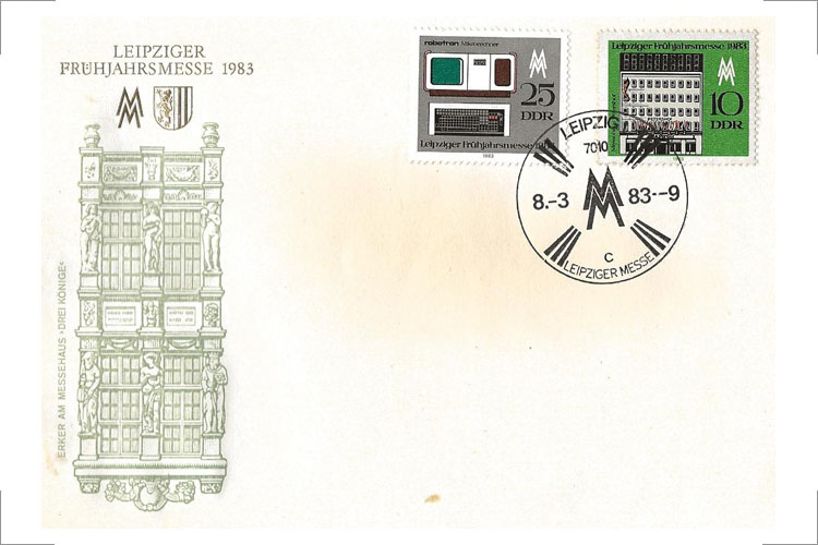 Sonderbriefmarke zur Leipziger Frühjahrsmesse 1983, mit Darstellung von „robotron Mikrorechner“ aus der Auftischgerätereihe von A. Erkmann