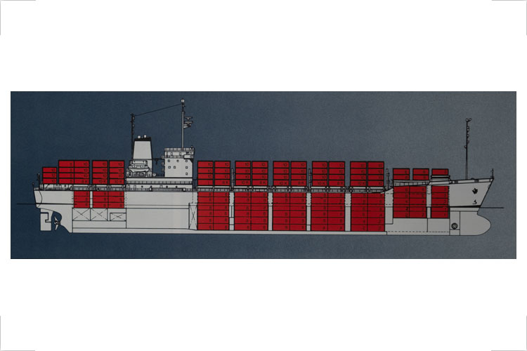Vollcontainerschiff „Saturn“, 1982, Zeichnung, coloriert Entwurf: Tober (Warnowwerft) Aufbautengestaltung, F. Wulsten, Institut für Schiffbau Auftraggeber: Warnowwerft