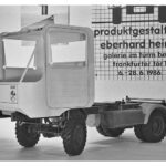 16 Multicar-Fahrerhausentwurf M 25 mit L60-Türen, Gestaltungsstudie für Fahrzeugwerk Waltershausen, 1984, Papiermodell M 1:5 auf Funktionsmodell-Fahrgestell