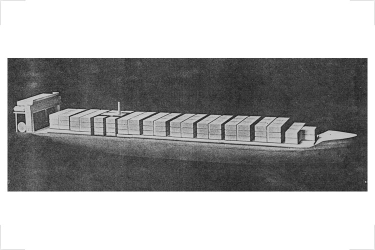 Frachtschiff mit mobilem Aufbau (Trogschiff), 1986, Modell, Papier und Kunststoff, Zusammenarbeit Dr. Puchstein, W. Müller, F. Wulsten, Institut für Schiffbau Internationale Patentanmeldung, Auftraggeber: Institut für Schiffbau