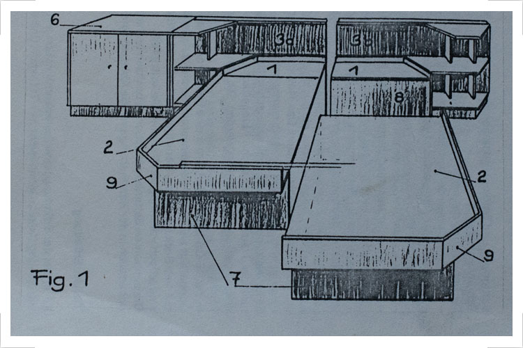 Entwurf eines Möbelsystems, 1987, Fig. 1 Patentanmeldung Fritz Wulsten, Günter Radke, Dieter Böhm Auftraggeber: Neptunwerft Rostock für ein Ferienheim in Kühlungsborn Fertigung in der Tischlerei der Neptunwerft Rostock