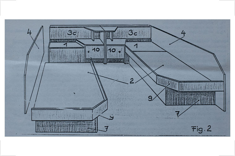 Entwurf eines Möbelsystems, 1987, Fig. 2 Patentanmeldung Fritz Wulsten, Günter Radke, Dieter Böhm Auftraggeber: Neptunwerft Rostock für ein Ferienheim in Kühlungsborn Fertigung in der Tischlerei der Neptunwerft Rostock