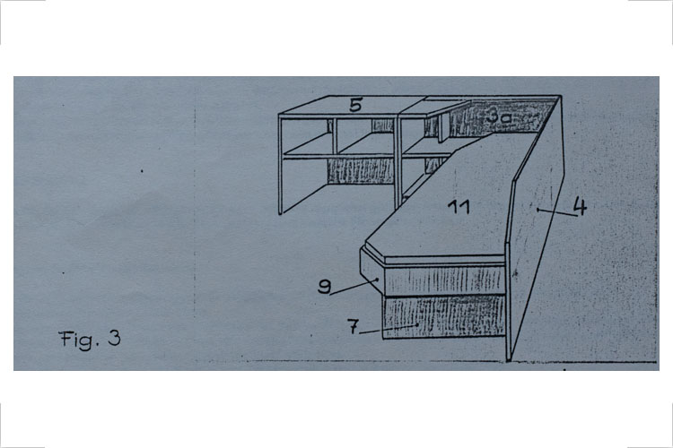 Entwurf eines Möbelsystems, 1987, Fig. 3 Patentanmeldung Fritz Wulsten, Günter Radke, Dieter Böhm Auftraggeber: Neptunwerft Rostock für ein Ferienheim in Kühlungsborn Fertigung in der Tischlerei der Neptunwerft Rostock