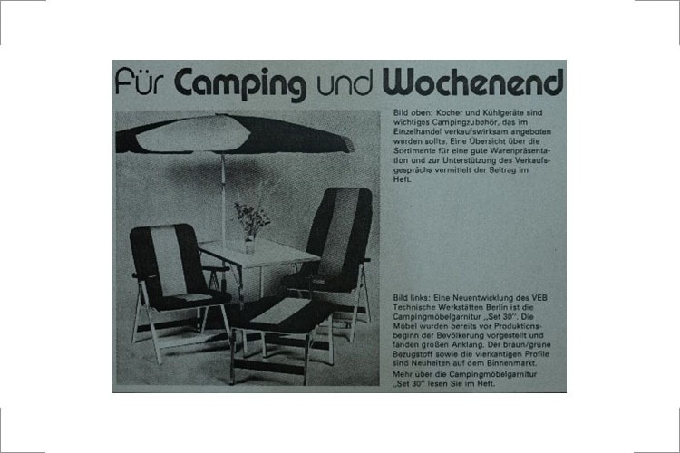 Campingmöbelgarnitur „Set 30“, ca. 1978 Prospekt; Auftraggeber: VEB Technische Werkstätten Berlin